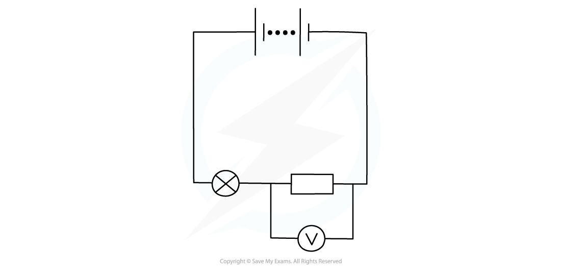 Simple circuit diagram with a battery, lamp, resistor, and voltmeter in parallel with the resistor.