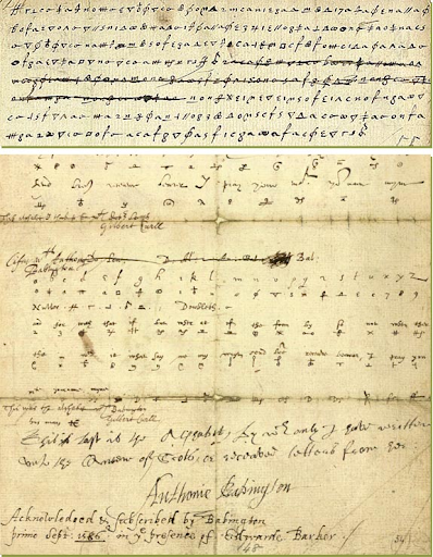 Handwritten cipher document featuring encoded text with various symbols, numerical sequences, and annotations on an aged, yellowed paper.