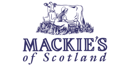 Illustration of a woman milking a cow with the text "Mackie's of Scotland" beneath, depicting a traditional Scottish dairy theme.