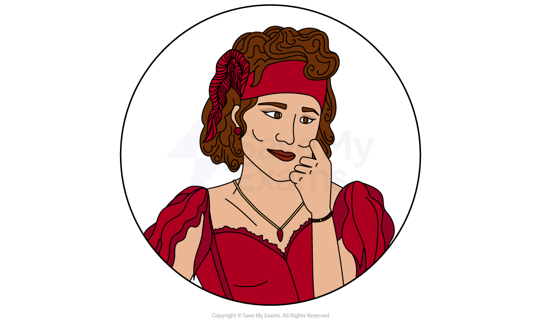 Illustration of a smiling woman in a red dress and headband, with curly hair and jewellery, touching her face thoughtfully inside a circular frame.