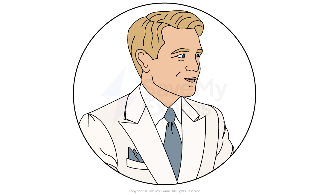 Illustration of a man in a white suit with a blue tie and pocket square, facing right, in a circular frame with a calm expression.