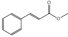 Chemical structure of methyl cinnamate, showing a benzene ring connected to a carbon chain ending in an aldehyde group with a double-bonded oxygen.