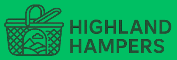 Logo of Highland Hampers with a picnic basket illustration, featuring mountains and sun, on a green background.