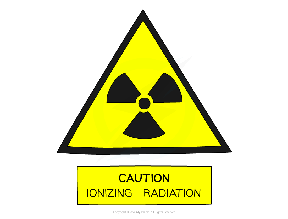 Yellow triangular sign with black radiation symbol, labelled "Caution Ionizing Radiation" below.