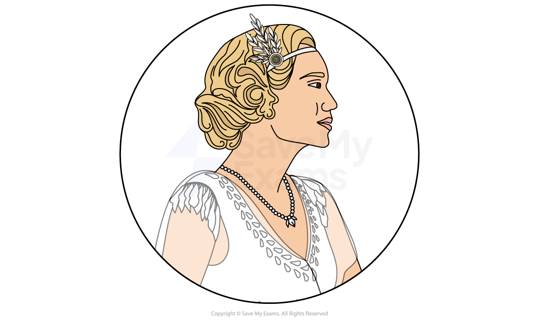Illustration of a woman in profile with a vintage hairstyle, feathered headband, and pearl necklace, wearing a patterned dress, encircled.