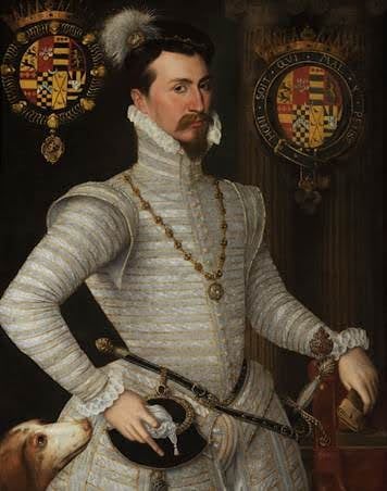 A nobleman in ornate Elizabethan attire stands confidently, with a pearl-encrusted sword and a dog at his side, flanked by two family crests.