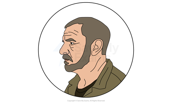 Illustration of Mr Devlin from My Name is Leon: he is a man in profile with short hair and a beard, wearing a military-style jacket, set within a circular border on a white background.