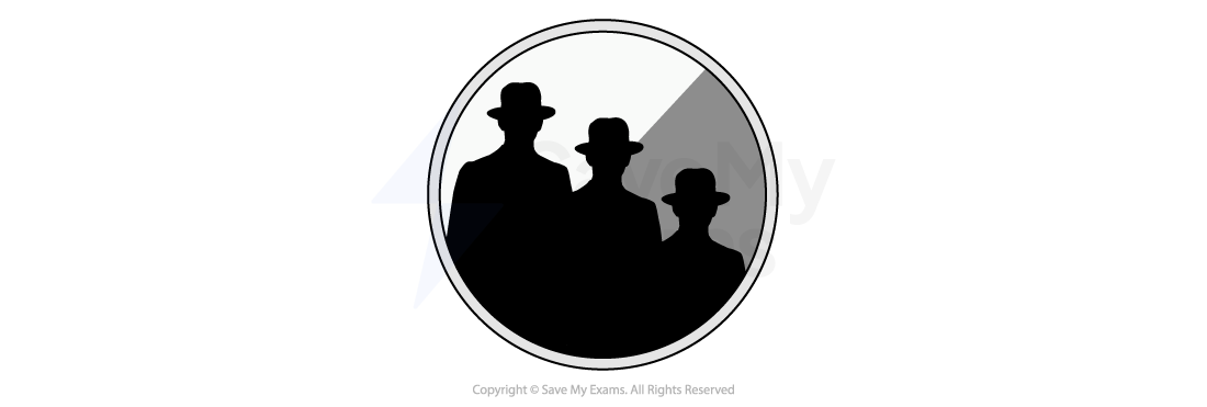Symbol for inequality, discrimination and societal pressures: silhouette of three people wearing hats inside a circular frame with a solid and shaded background.