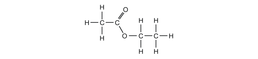Chemical structure of ethyl acetate showing carbon, hydrogen, and oxygen atoms with double and single bonds arranged in two distinct groups.