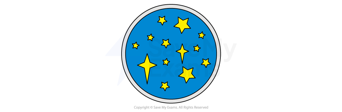 Circular badge with yellow stars of various sizes on a blue background, encircled by a white and black border.