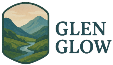Logo with a stylised landscape of mountains and a river on the left and the text "Glen Glow" in bold serif font on the right.