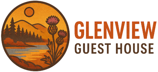 Circular logo with a sunset, mountains, pine trees, and thistles beside a lake. Text reads “Glenview Guest House” in bold orange and brown letters.