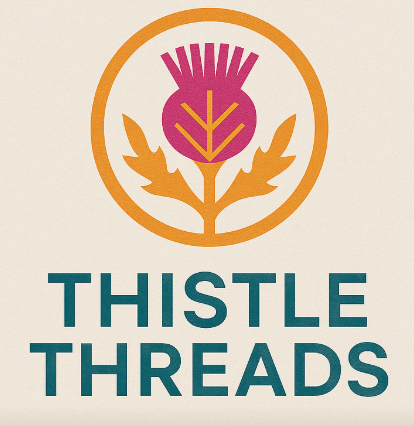 Stylised thistle emblem in pink and orange within a circle, above bold teal text reading "Thistle Threads" on a cream background.