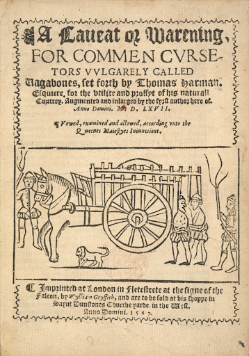 Old book page titled "A Caveat or Warning for Common Cursitors" with woodcut illustration of a horse-drawn cart. Text details publishing information.