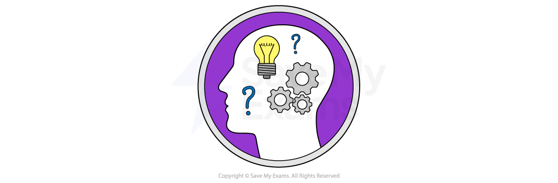 Symbol for education: silhouette of a head with a yellow light bulb, grey cogs, and question marks inside, on a purple background, symbolising ideas and problem-solving.