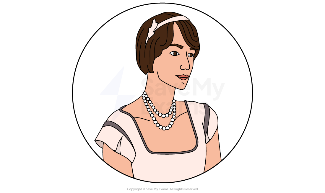 Illustration of a woman with short brown hair, wearing a white headband, pearl necklace, and a white dress with dark straps in a circular frame.