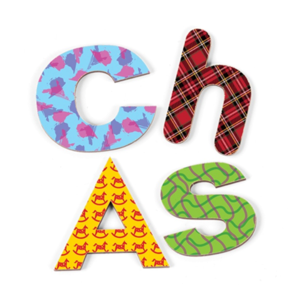 Letters "ChAS" with varied patterns: blue with red animals, red tartan, yellow with red horses, and green with a wavy pattern.