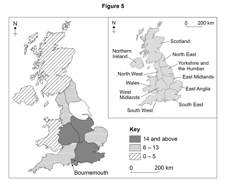 Map of the UK showing population density. Regions are marked with three shades: 0-5, 6-13, 14 and above. Bournemouth is highlighted. Inset shows regional labels.