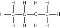 Structural formula of butane, showing a chain of four carbon atoms, each bonded to hydrogen atoms, forming a saturated hydrocarbon.