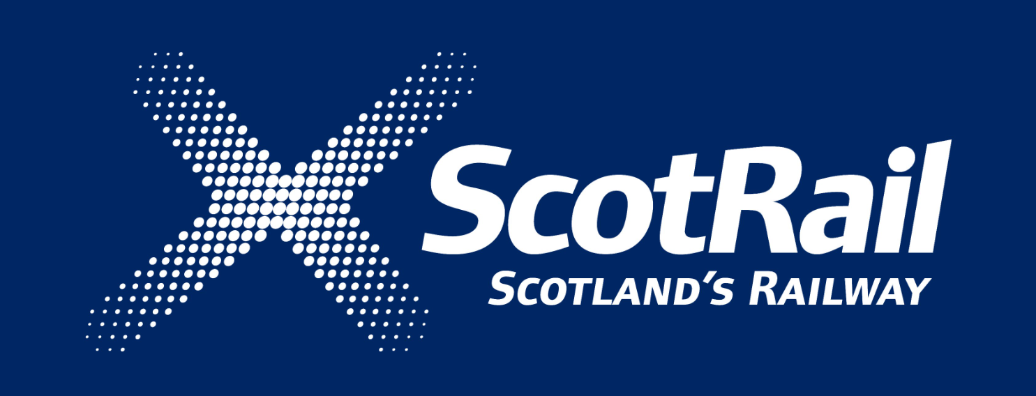 Blue background with the ScotRail logo, featuring a dotted "X" and the phrase "Scotland's Railway" in bold white text.