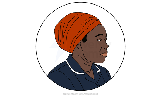 Illustration of Mama from Pigeon English: she is wearing a dark blue collared top and an orange headscarf against a white circular background.