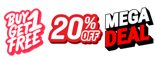 Buy one get one free, 20% off, and mega deal graphics in bold, colourful fonts, emphasising promotional offers and discounts.