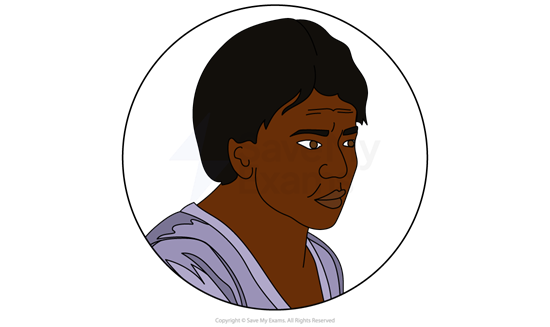 Illustration of Enid from Leave Taking: she has short dark hair, wearing a purple robe, looking thoughtfully to the side within a circular frame.