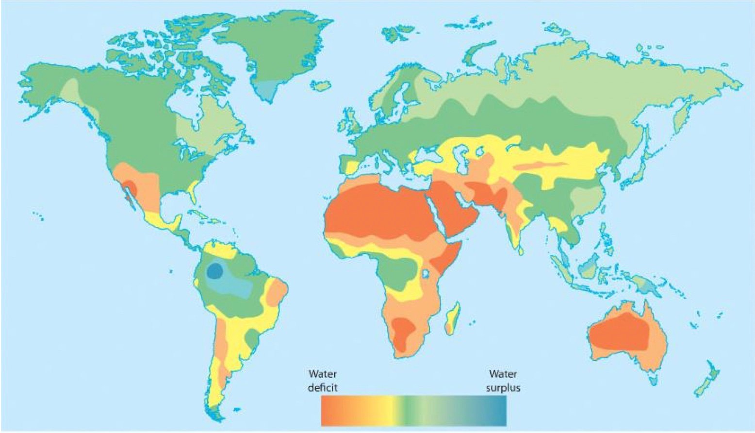 World map showing water availability; blue for surplus, green for balanced, yellow to red for deficit, with notable deficits in Africa, Australia, and Western USA.