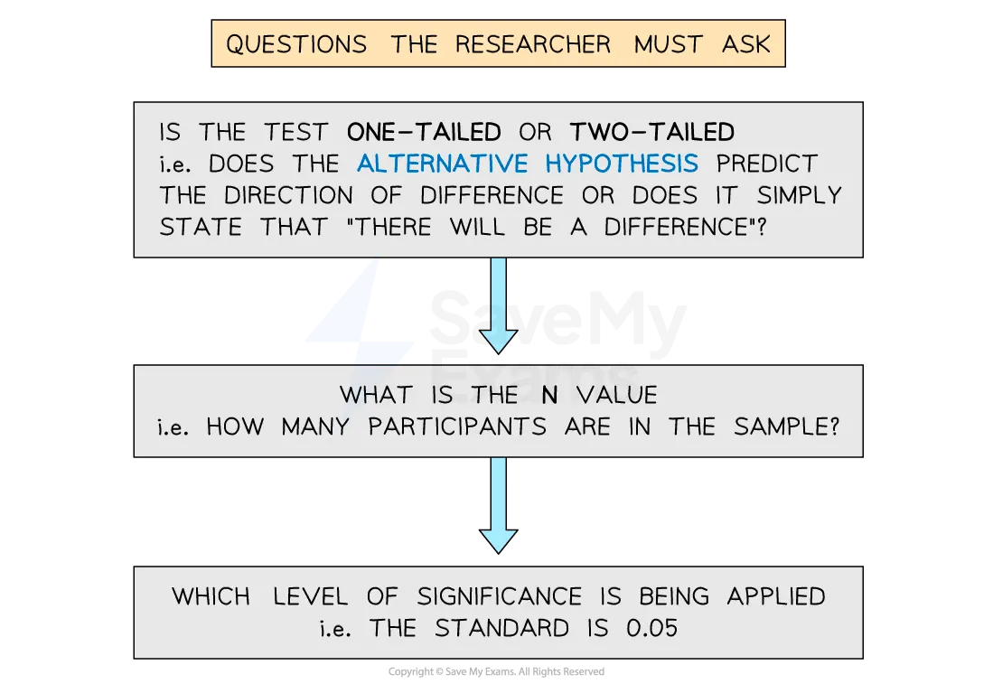 Flowchart with three research questions: test type (one-tailed or two-tailed), sample size (N value), and significance level (standard is 0.05).