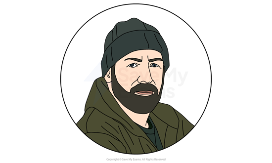 Illustration of Terry Takeaway from Pigeon English: he is a bearded man wearing a dark beanie and a green jacket.