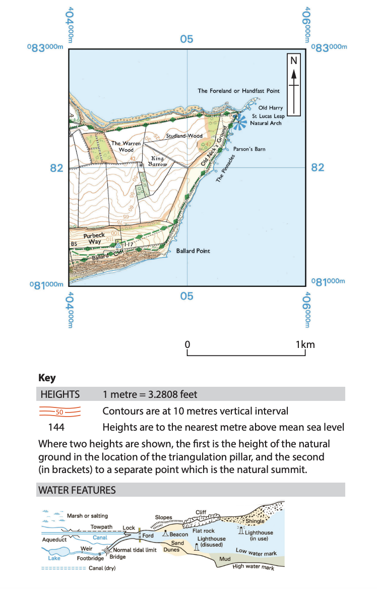 OS map extract showing a part of the Dorset coastline, England
