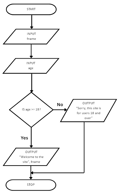 Flowchart checks age eligibility: inputs name and age, verifies if age is 18 or over. If yes, welcomes user; if no, denies site access. Ends process.