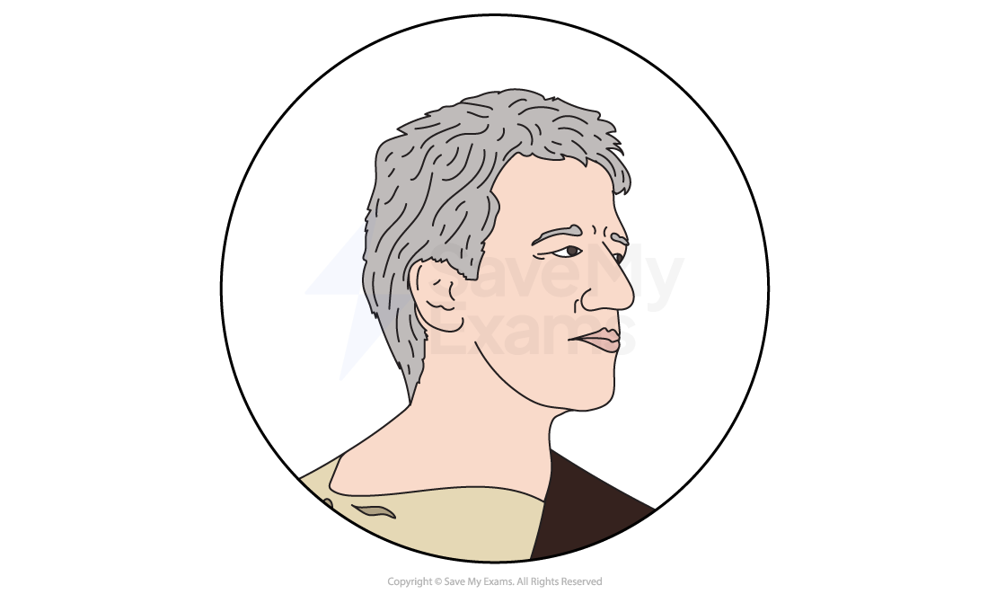 Illustration of a grey-haired man in profile view inside a circular frame. The background is plain, with text partially visible.