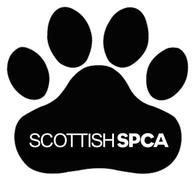 Black paw print logo with the text "Scottish SPCA" in white across the large pad, representing the Scottish Society for Prevention of Cruelty to Animals.