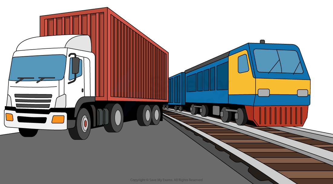 A white lorry with a red container is parked beside railway tracks, where a blue and yellow train is travelling, illustrating transport modes.