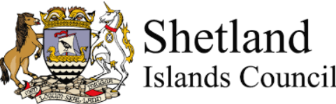 Shetland Islands Council logo featuring a heraldic shield with a ship and mythical creatures, flanked by a unicorn and a horse, with text on the right.