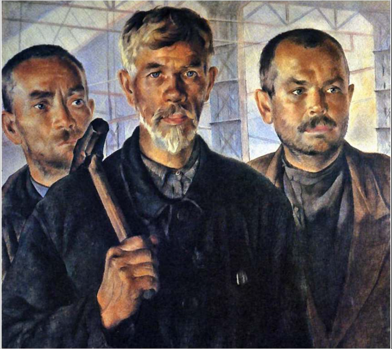 Three serious men in work attire stand together; the central figure holds a large hammer, with a background of industrial beams.
