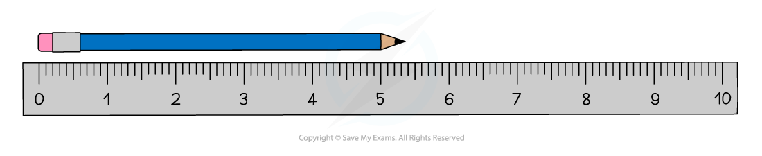 A blue pencil with an eraser at one end is aligned above a grey 10-centimetre ruler, marked with intervals and numbers.