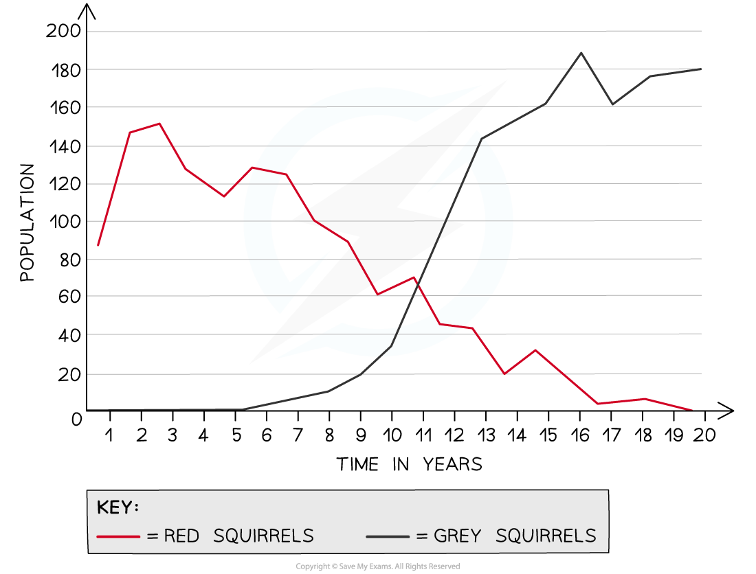Line graph showing red squirrel population declining and grey squirrel population increasing over 20 years, with years on x-axis and population on y-axis.