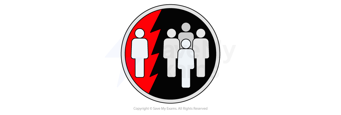 Symbol for social injustice and discrimination: silhouette of lone figure on red lightning background facing group of four on black background, symbolising individual versus group dynamic.