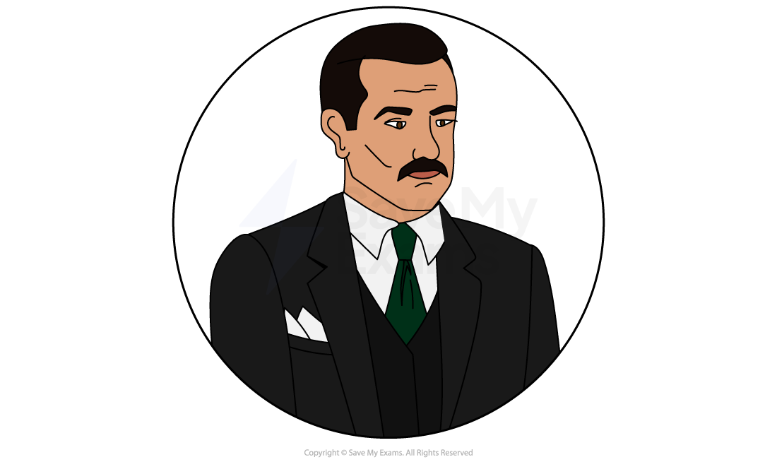 Illustration of a man with a moustache, wearing a black suit, white shirt, and green tie, set against a plain circular background.