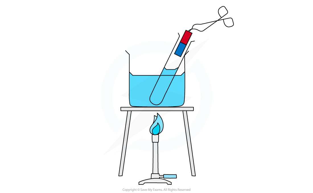 Beaker with blue liquid on a stand, heating with a Bunsen burner. Test tube in beaker, held by tongs, contains a red and blue object.