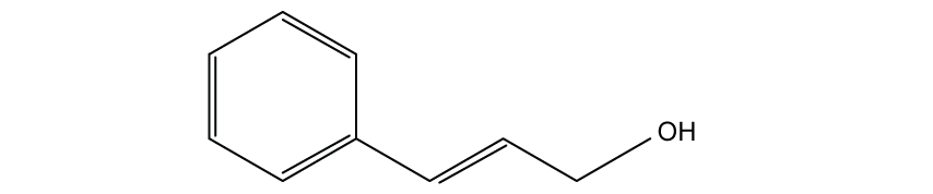 Chemical structure of cinnamyl alcohol, featuring a benzene ring attached to a three-carbon chain ending with a hydroxyl group (OH).