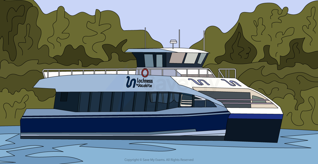 Illustration of a modern blue and white catamaran with "Loch Ness by Jacobite" logo, set against a backdrop of green trees and calm blue water.