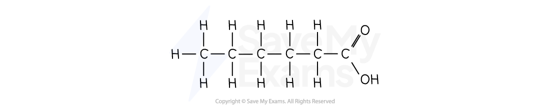 Skeletal structure of hexanoic acid with a six-carbon chain, ending in a carboxylic acid group, showing hydrogen, carbon, and oxygen atoms.