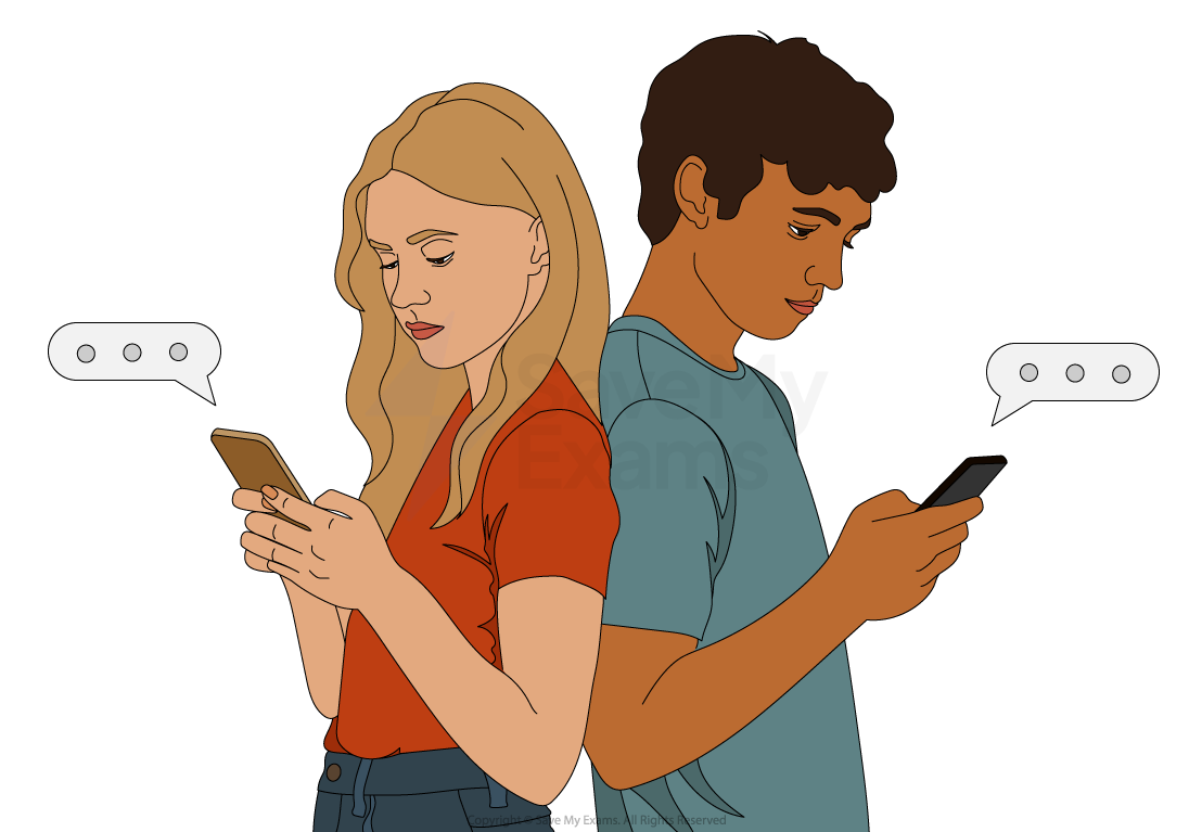 Two people back-to-back, engrossed in smartphones, with speech bubbles above them, suggesting texting or digital communication.