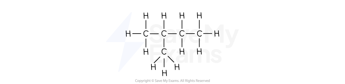 Structural formula of 2-methylbutane with a branched carbon chain, four carbon atoms in the main chain, and a methyl group attached.