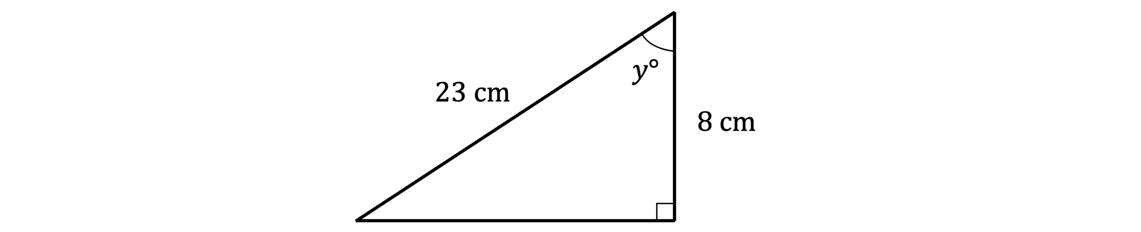 Right-angled triangle with a hypotenuse measuring 23 cm, a height of 8 cm, and an angle at the top marked as y degrees.