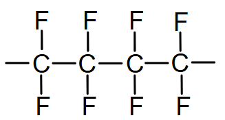 Chemical structure of a tetrafluoroethylene molecule with a chain of four carbon atoms, each bonded to two fluorine atoms, illustrating a polymer unit.