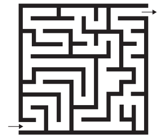 A complex square maze with thick black lines, an entrance on the left, and an exit on the right, featuring multiple paths and dead ends.